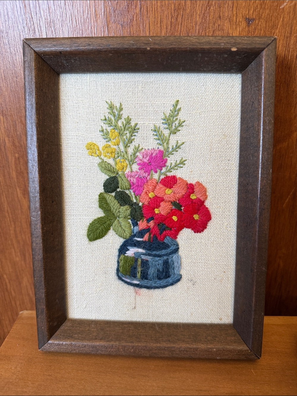 Vintage Hand-Embroidered Floral Bouquet Wall Art - Red, Pink, Yellow, Green